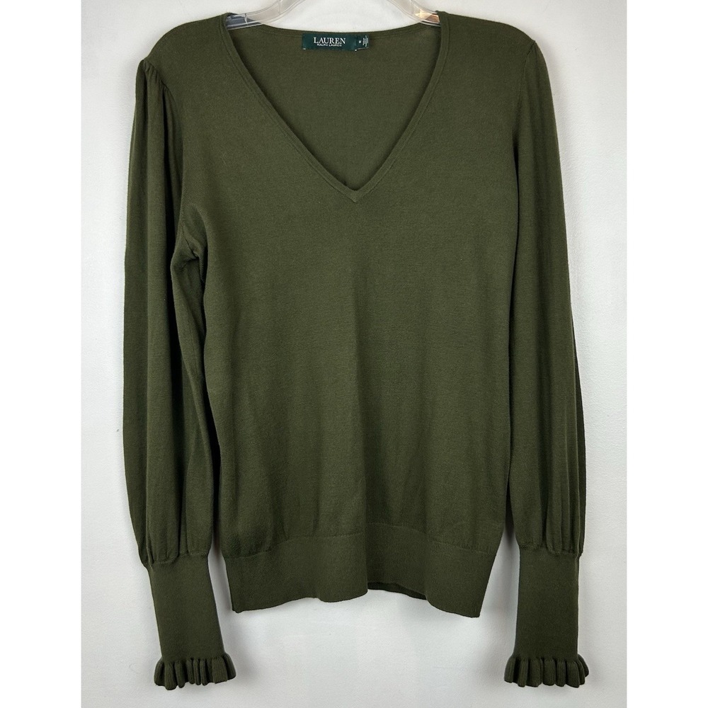 Ralph Lauren Sweater Womens M Ruffle Puff Sleeve Green Office Career Minimalist